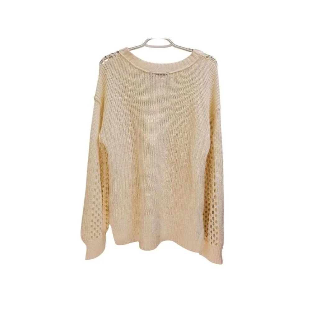 RACHEL Rachel Roy Cream Crew Neck Sweater Open-Knit Design